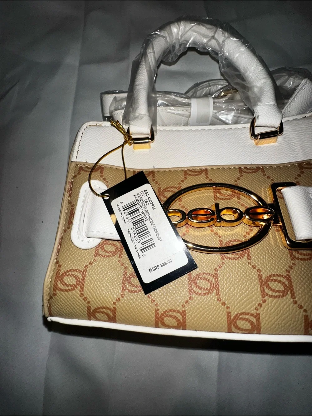 T484. Bebe Structured White & Brown Mini Satchel Handbag with crossbody Straps
